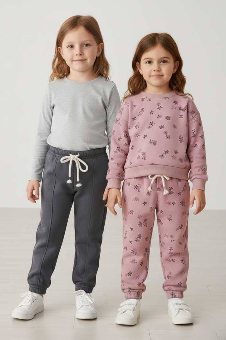 Two children wearing matching outfits with gray and pink sweaters and pants on a white background.