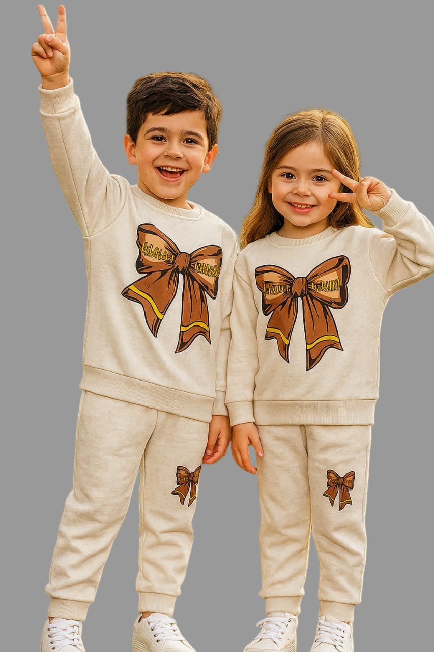 Bebico Kid's Brown Bow Printed Fleece Cotton Track Suite