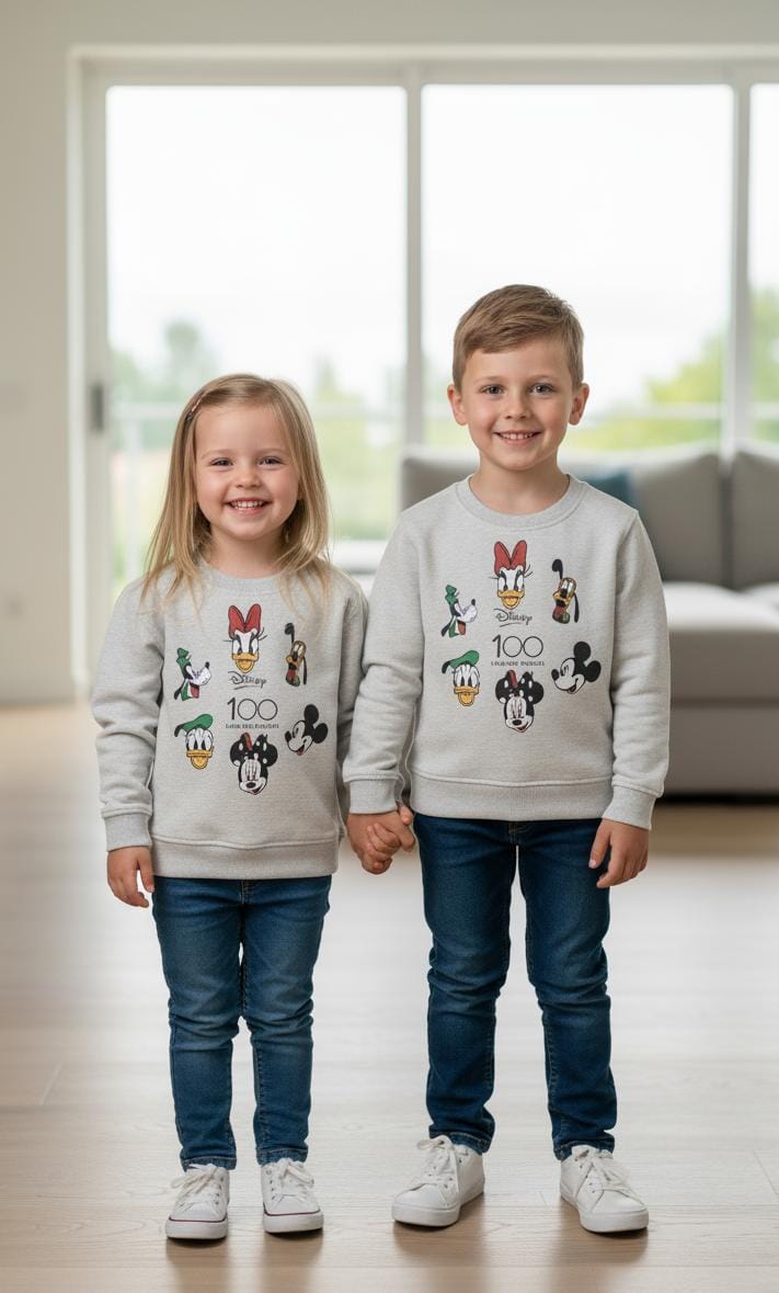 Two children wearing matching gray sweatshirts with cartoon characters in a living room.