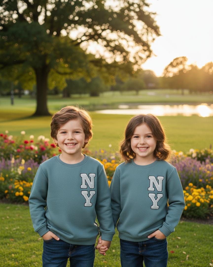 Two children wearing matching green sweatshirts with 'NY'