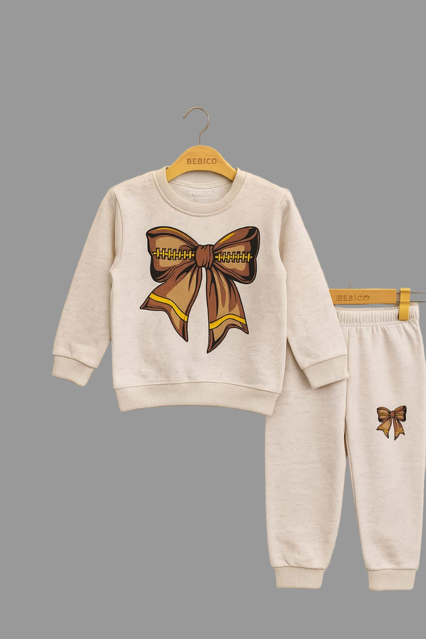Bebico Kid's Brown Bow Printed Fleece Cotton Track Suite