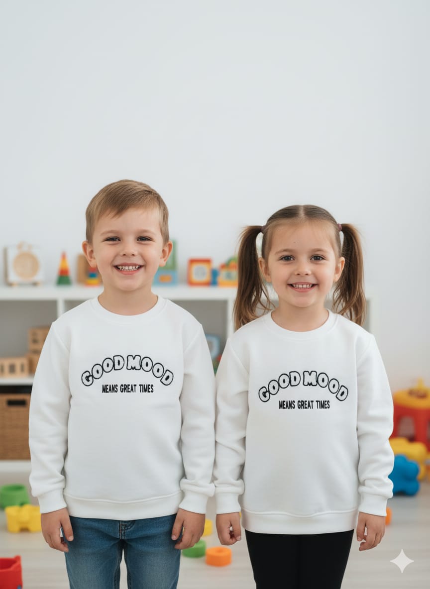Two children wearing white sweatshirts with 'Good mood means great times' text in a room with toys.