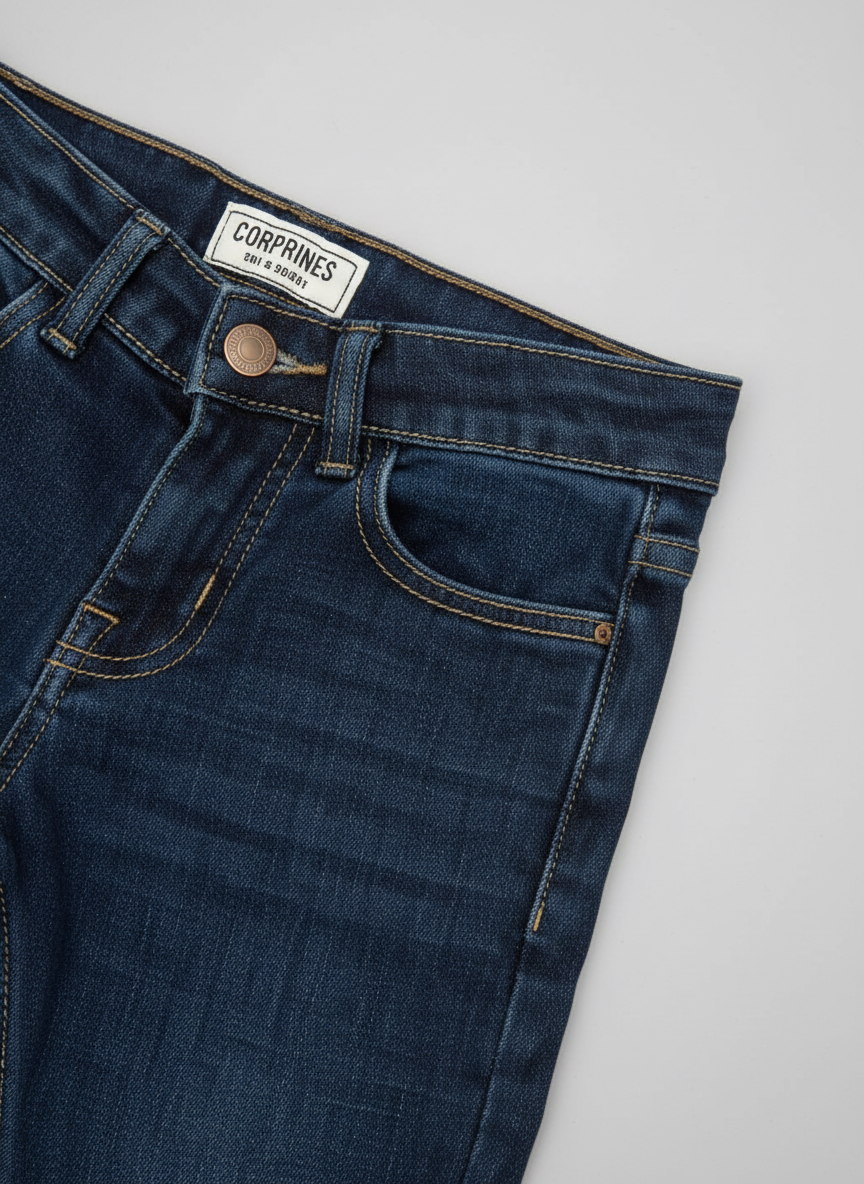 Close-up detail shot of dark blue jeans