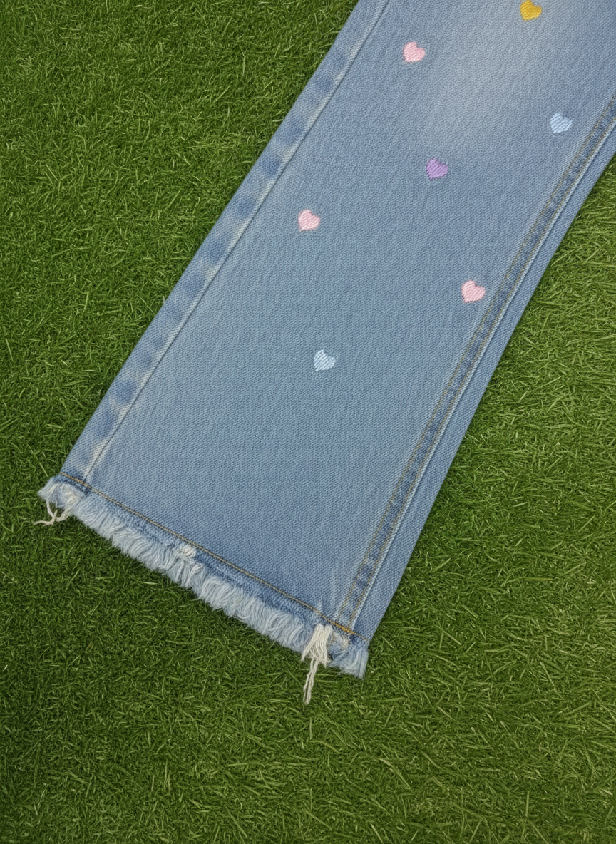 Close-up of frayed hem and wide-leg opening