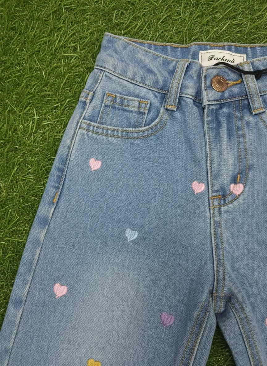 Close-up of left pocket and heart embroidery