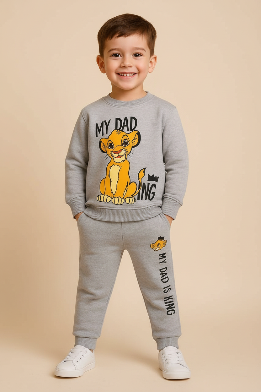 Professional studio product image of child wearing gray Lion King tracksuit
