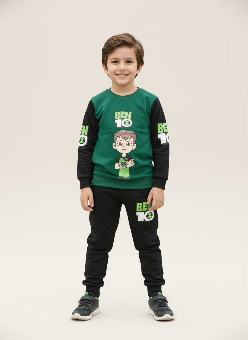 Professional studio product image of child wearing green and black Ben 10 tracksuit
