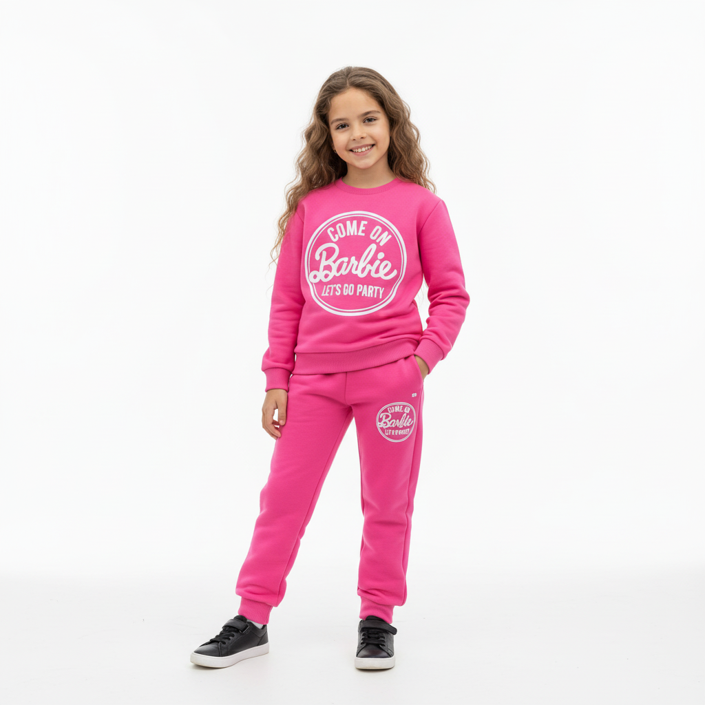 Professional studio product image of child wearing hot pink Barbie tracksuit
