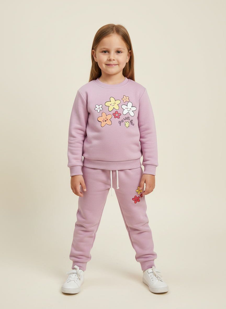 Professional studio product image of child wearing lavender floral tracksuit