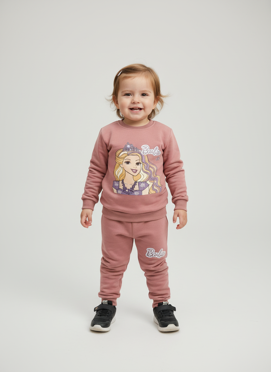 Professional studio product image of young girl wearing dusty rose Barbie tracksuit
